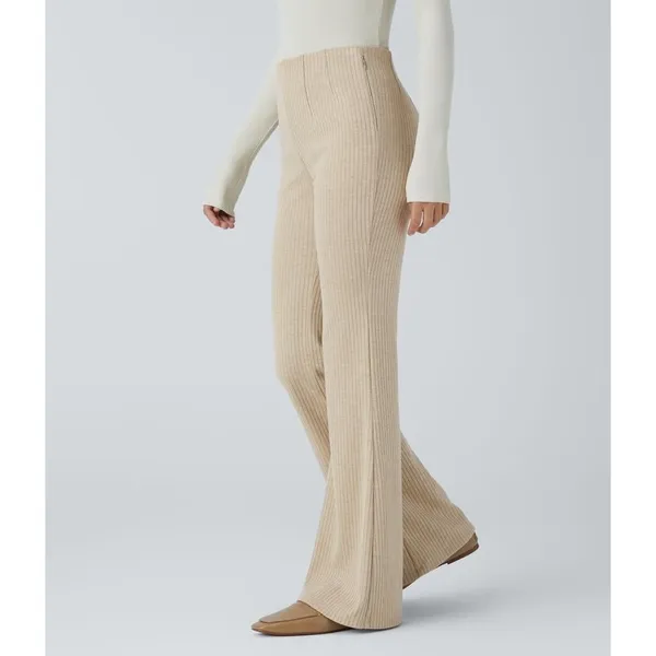 Halara Ribbed Knit High Waisted‎ Side Zipper Pockets Casual Flare Pants Small - Image 2