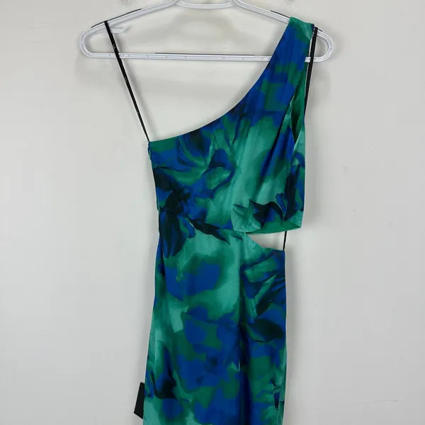 Lulus Ismerida Green Blue Abstract Mesh One Shoulder Midi Dress Party XS NWT - Image 10