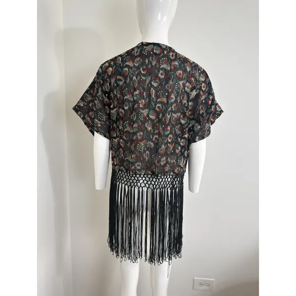 Forever 21 Women’s Sheer Kimono Cardigan Black Embroidered Fringe Boho Festival Size S - Image 3