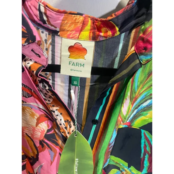 FARM Rio Scarf Mix Shirt Dress‎ Womens XS Multi Tropical Patchwork Midi Boho New - Image 4