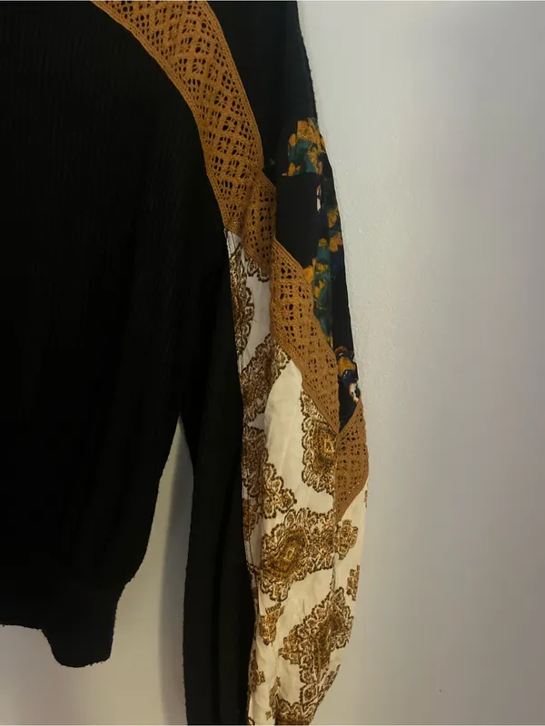 Free People Black Top with Mustard Patchwork Balloon Sleeves - Image 4