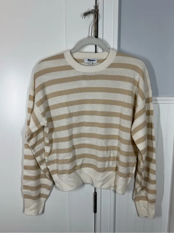 Madewell Cashmere Crewneck Sweater Women Small Ivory Biscuit Stripe NEW NY916 - Image 2