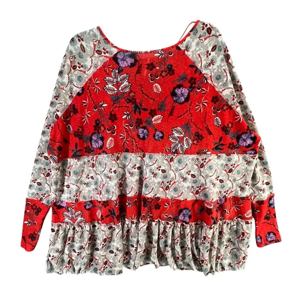 Free People Isabelle Tunic Top Womens XS Red Gray Floral Oversized Boho Feminine - Image 7