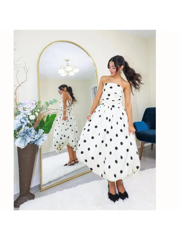 Retro Polka Dot Bubble Midi Dress Convertible Straps in Cream Black Size S - Image 4