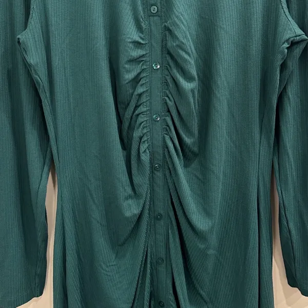 Abercrombie & Fitch Emerald Green Ribbed Ruched Long Sleeve Mini Shirt Dress XL - Image 4