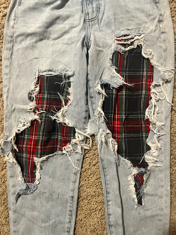 American Eagle Plaid patchwork Jeans - Image 2