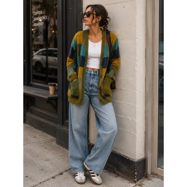 Listicle Women Green Yellow Blue Checkerboard‎ Fuzzy Eyelash Knit Cardigan Large - Image 2