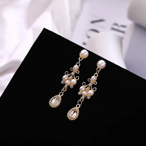 Elegant Pearl Dangle Drop Earrings for Women,Teardrop Shape Crystal Earrings - Image 2