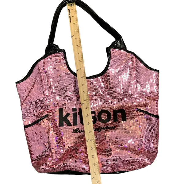 Kitson Los Angeles Pink Sequin Black Trim Tote Bag - Image 8