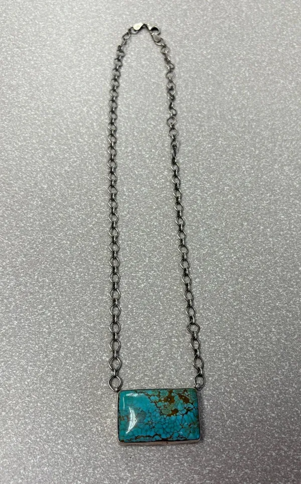 Authentic Navajo Sterling Silver Turquoise Necklace by P. Skeets – Spiderweb Matrix - Image 2