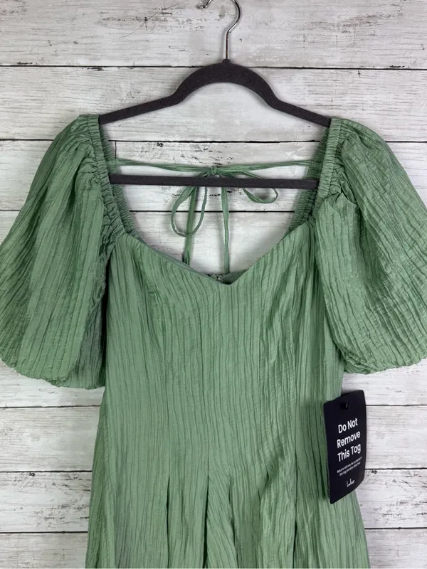 Lulus Heavenly Energy Sage Textured Puff Sleeve Pleated Midi Dress Size Small - Image 4