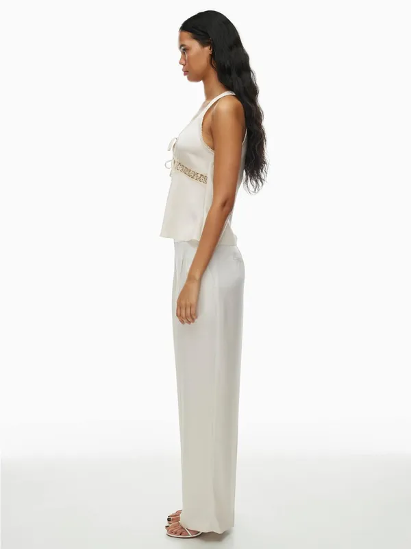 Aritzia Wilfred Picnic Satin Babydoll Camisole Ivory Lace Tie Front 2XS - Image 5