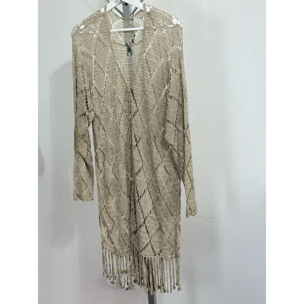 Womens Crochet Knit Cardigan Long Duster Metallic Beige Fringe Boho Cover Up L - Image 7