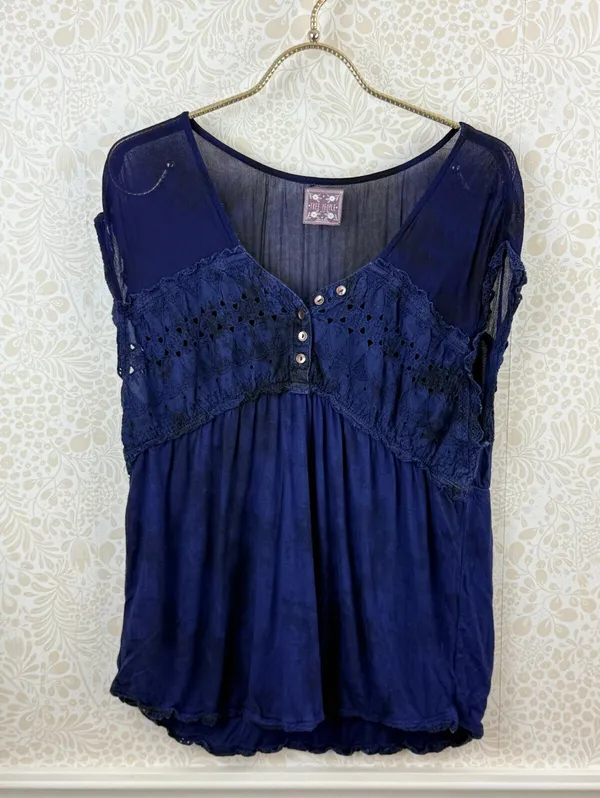 Free People Vintage Navy Embellished Cap Sleeve Top - Size - Large - Image 2