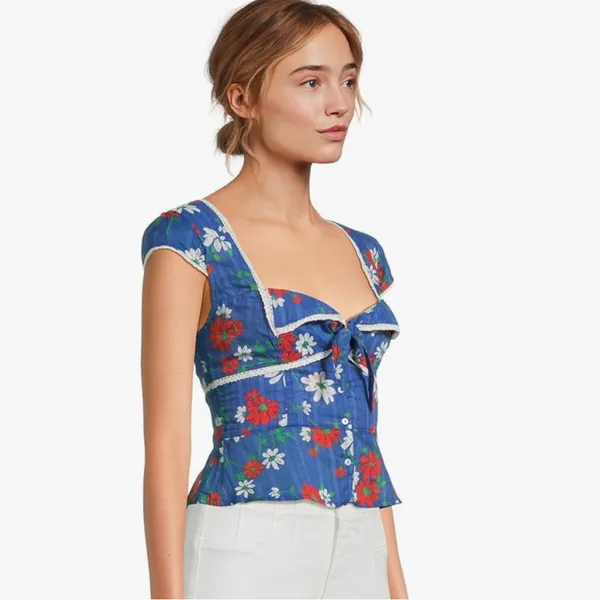 NEW Free People Call Me Baby Cap Sleeve Button-Up Shirt L BLUE QUARTZ - DAISY - Image 3