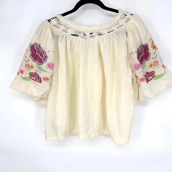 Free People Bohemia Embroidered Peasant Top XS Cream Boho Puff Sleeve - Image 2
