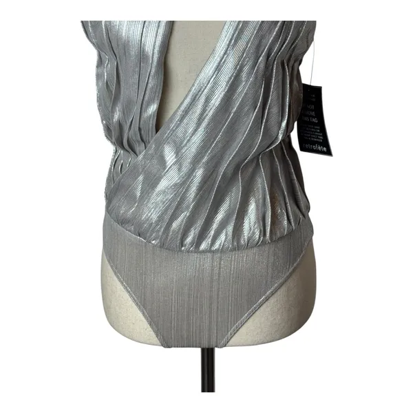Retrofête Cassie Bodysuit Women XS Silver Metallic One Shoulder NWT‎ Party Club - Image 8