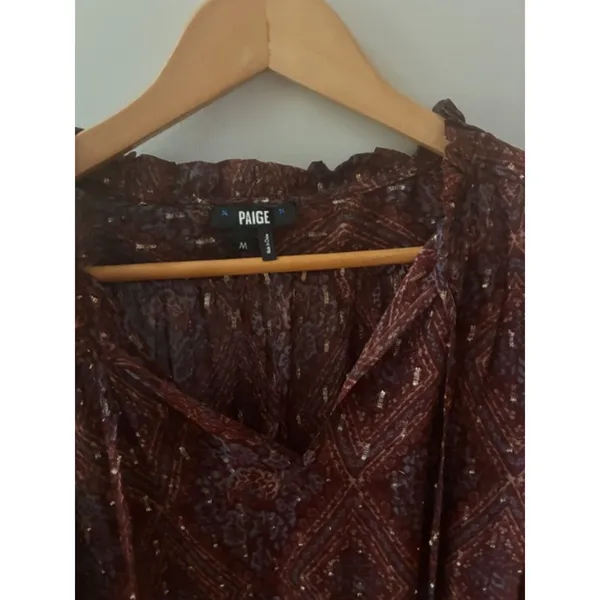 PAIGE Anthropologie Women’s M Burgundy Metallic Print Sheer Ruffle Blouse - Image 2