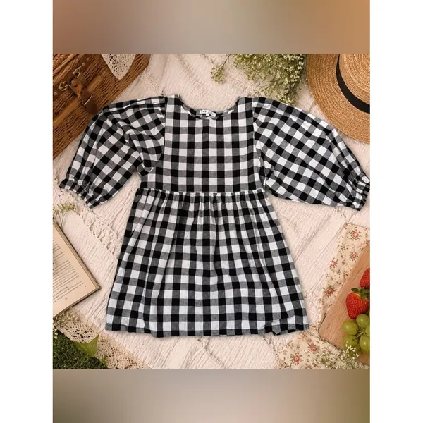 Gingham Puff Sleeve Babydoll Dress Black White Size S San Jose The Label - Image 6