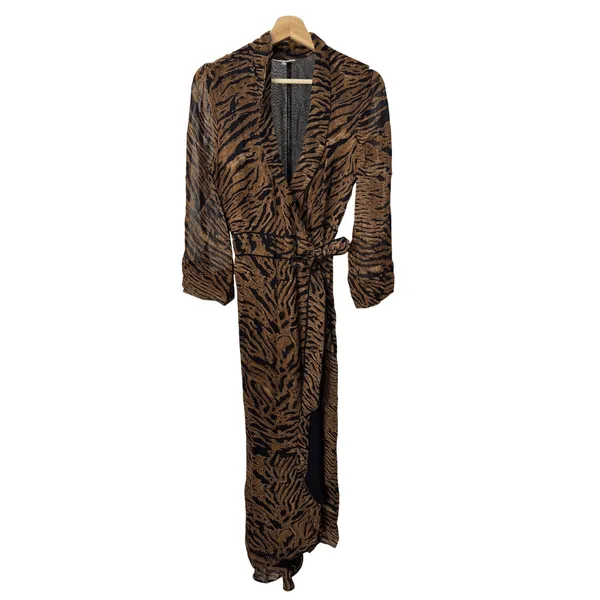 Ganni Wrap Dress Brown Tiger Print Long Sleeve High Low Maxi 38 - Image 2