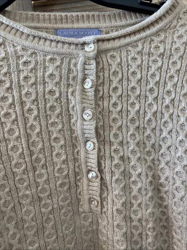 Laura Scott Beige Cable-Knit Henley Sweater Medium Petite - Image 2