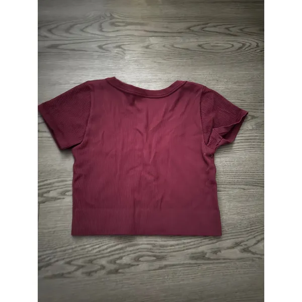 Garage Burgundy Ribbed V-Neck Seamless Crop Top Short Sleeve M/M 100081533 - Image 3
