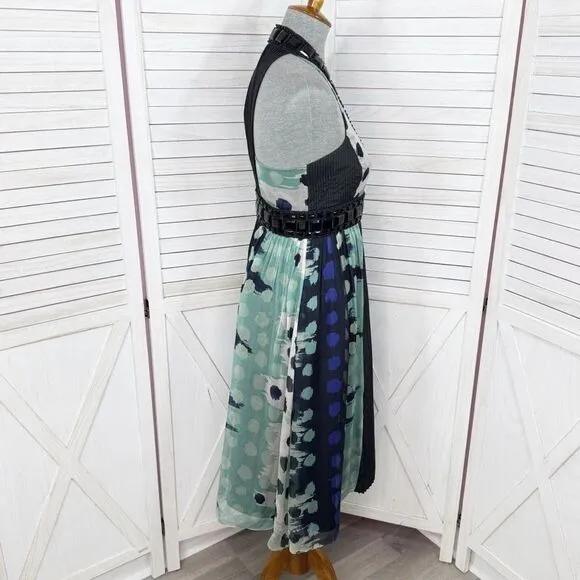 Zara Beaded Silk Pleated Multi Pattern Fit‎ Flare Halter Dress Black Teal Medium - Image 3