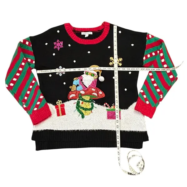 Celebrate Together Santa Mushroom Christmas Sweater Festive Black Sequin XL - Image 3