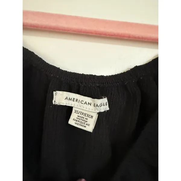 American Eagle Black Puff Sleeve Tie‎ Front Smocked Crop Top XS Cottagecore - Image 3