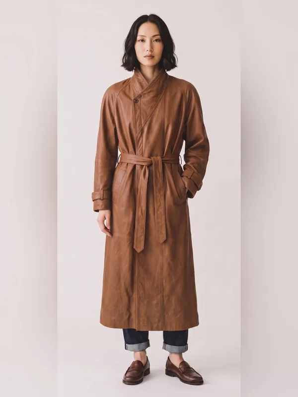 Vintage American Style Brown Leather Belted Trench Coat Mountain life old money - Image 2