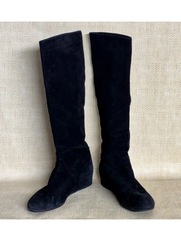 Stuart Weitzman Black Suede Leather Hidden Wedge Tall Tassel Boots Size 9 EUC - Image 3