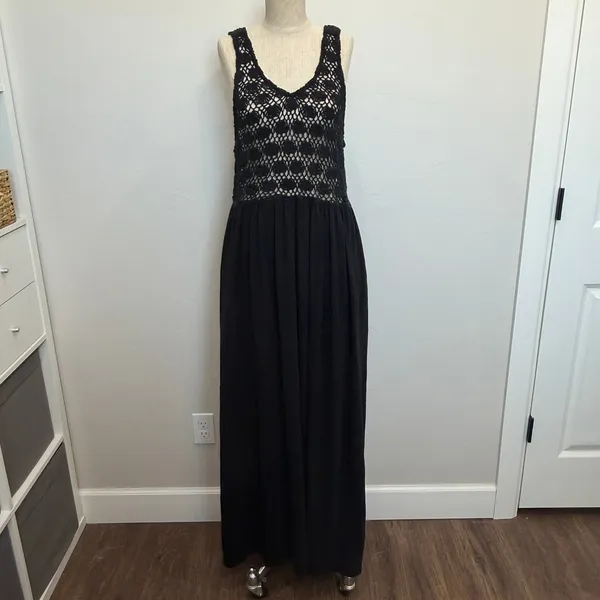 Aerie XL Maxi Dress Black Crochet Bodice Sleeveless Boho Summer Pocketed Resort - Image 4