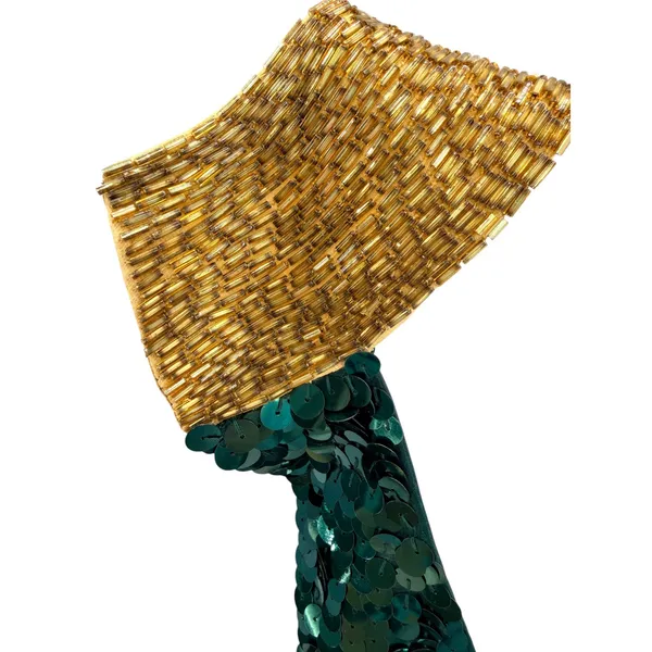 VTG 100% Silk Green Sequin Keyhole‎ Cocktail Dress Open Back Gold Bead Neck 2 - Image 4