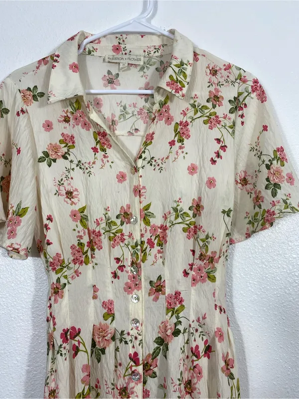 Floral Button-Front Midi Dress in Cream and Pink Size M - Image 4
