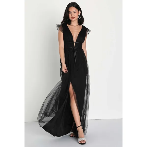 NEW Lulus Women Im All Yours Dress XS Black Tulle‎ Flutter Plunging Maxi Gown - Image 6