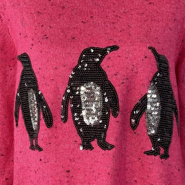 Karen Scott Large Penguin Sweater Sequin Crew Neck Long Sleeve Stretch Pink New - Image 2
