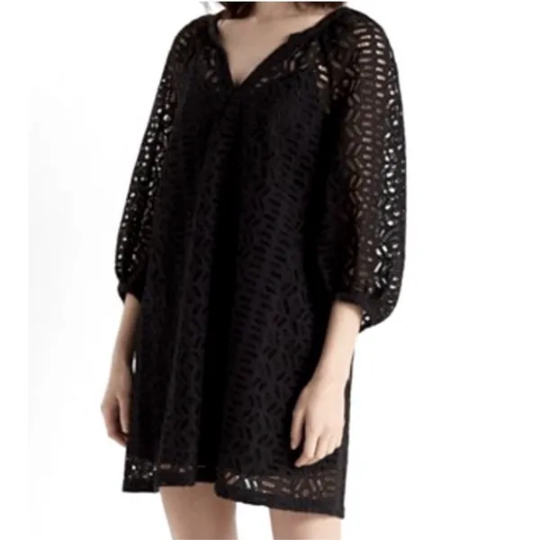 CLUB MONACO Dress Black V Neck Eyelet Balloon Sleeve Peasant Size Small‎ - Image 12