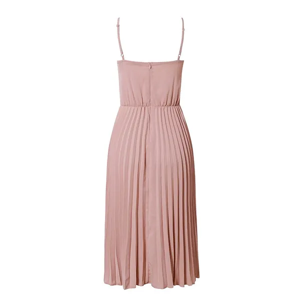 Boutique Solid Pink V-neck Pleated Spaghetti Strap Fit and Flare Knee Length Dress - Image 6