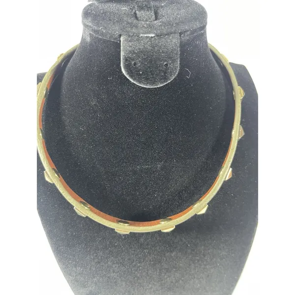 Olive Green Leather Studded Choker Necklace Gold Tone Pyramid Studs 15.5” - Image 5