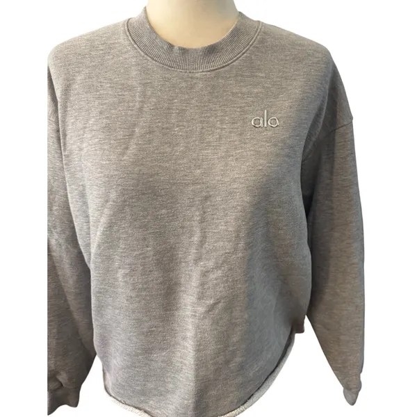 Alo Yoga Gray Raw Hem Cropped Crewneck Sweatshirt Oversized Pullover Logo (L-XL) - Image 4