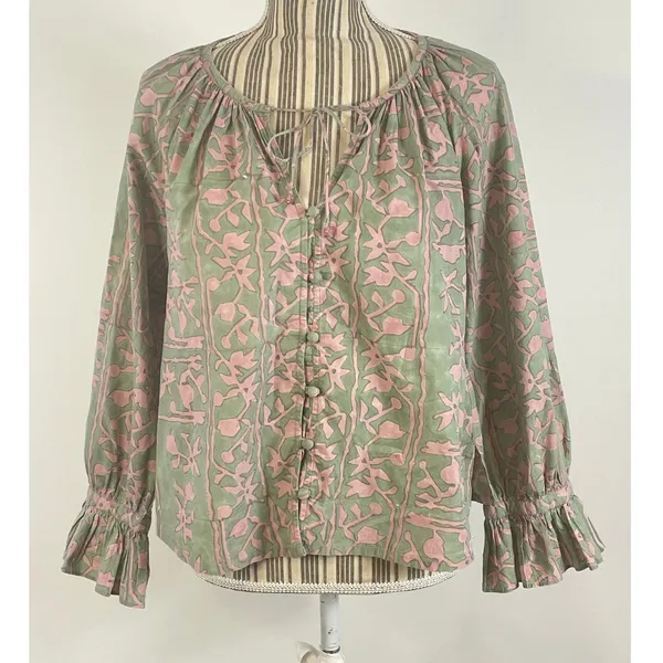 Cleobella Geen Pink Whitley Ruffle Sleeve Button Front Top Size Small - Image 2