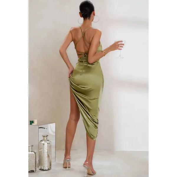 Club L London Olive Green Satin Cowl Neck Ruched Asymmetrical Midi Dress size 10 - Image 2