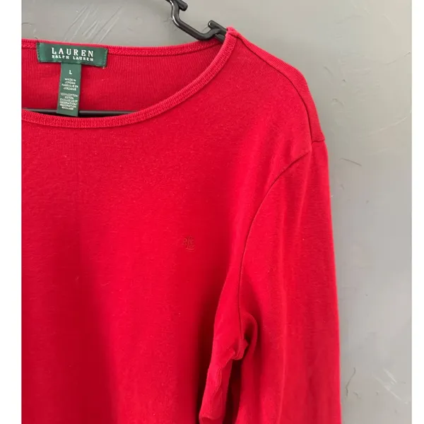 Lauren Ralph Lauren Womens Red‎ Ribbed Long Sl Cotton Preppy Old Money Top Large - Image 2
