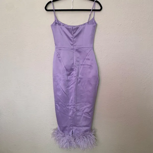 House of CB ‘Helena’ Orchid Satin Midi Dress with Feathered Trim NWOT size S - Image 11