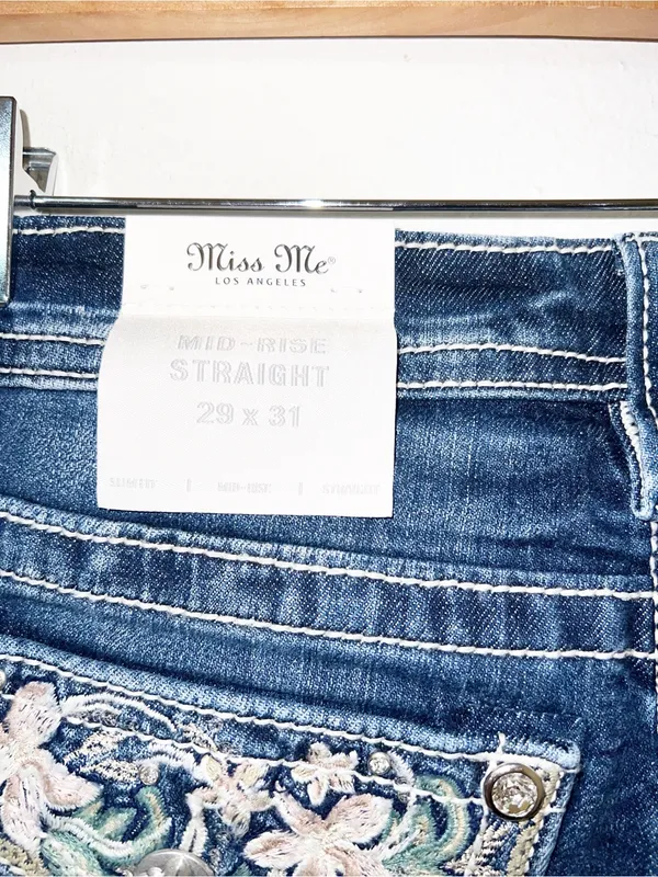 Miss Me Los Angeles Floral Pocket Detail Dark Washed Mid-Rise Straight Leg Jeans - Image 8