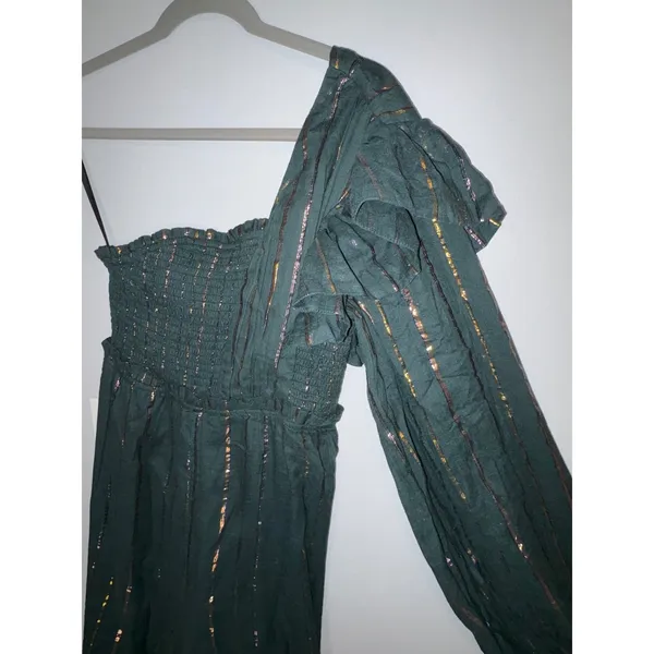 Farm Rio Anthropologie Green Metallic Striped One Shoulder Wide Leg Jumpsuit NEW - Image 5