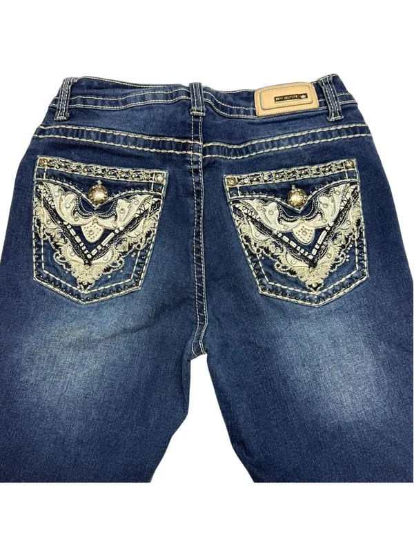 Embellished Bootcut Jeans Womens Dark Wash Rhinestone Embroidered Pockets Y2K - Image 3