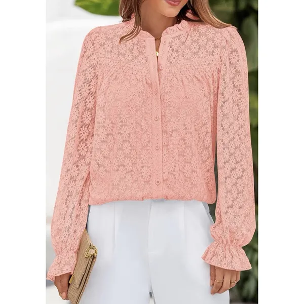 PRETTYGARDEN Women's Lace Long Sleeve Button Down Blouse (Pink, S) - Image 3