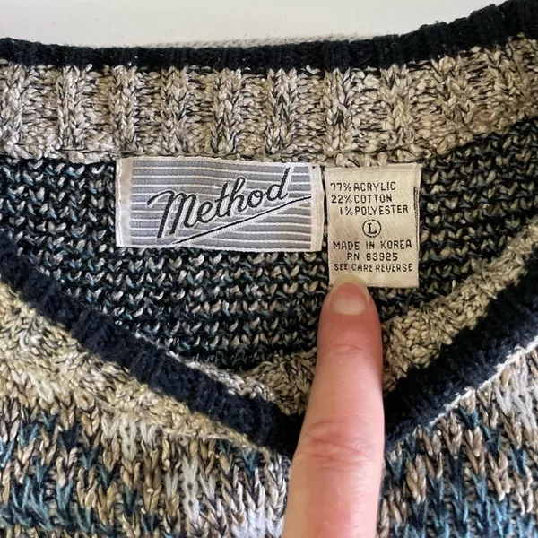 Vintage Method Blue Black Tan Fair Isle Eclectic Grandpa Crewneck Sweater Sz M - Image 4