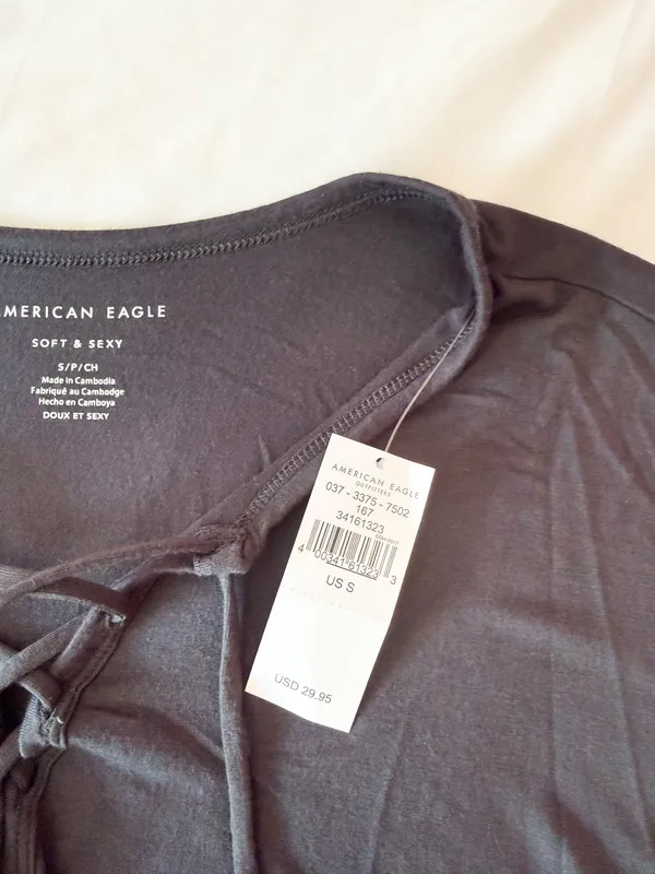 American Eagle Soft And Sexy Dark Grey Lace Up T-Shirt Size Small - Image 4